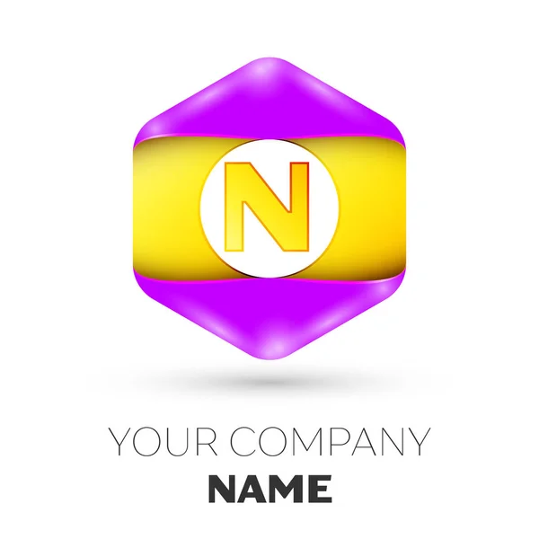 Reális N betű vektor logo szimbólum a színes hatszög, fehér háttér. A design vektor sablon — Stock Vector