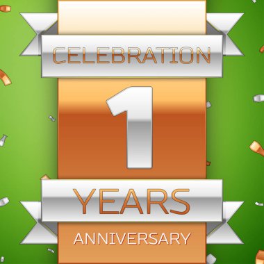 Gerçekçi bir yıl yıldönümü kutlama tasarım. Gümüş ve altın şerit, yeşil zemin üzerine konfeti. Doğum günü partin için renkli vektör şablon öğeleri. Yıldönümü şerit