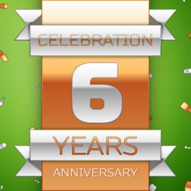 Gerçekçi altı yıl yıldönümü kutlama tasarım. Gümüş ve altın şerit, yeşil zemin üzerine konfeti. Doğum günü partin için renkli vektör şablon öğeleri. Yıldönümü şerit