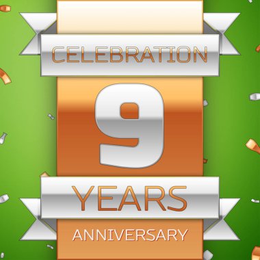 Gerçekçi dokuz yıl yıldönümü kutlama tasarım. Gümüş ve altın şerit, yeşil zemin üzerine konfeti. Doğum günü partin için renkli vektör şablon öğeleri. Yıldönümü şerit