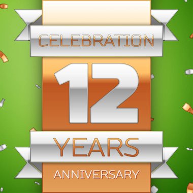 Gerçekçi on iki yıl yıldönümü kutlama tasarım. Gümüş ve altın şerit, yeşil zemin üzerine konfeti. Doğum günü partin için renkli vektör şablon öğeleri. Yıldönümü şerit