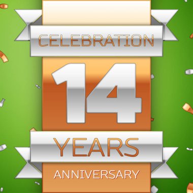 Gerçekçi on dört yıl yıldönümü kutlama tasarım. Gümüş ve altın şerit, yeşil zemin üzerine konfeti. Doğum günü partin için renkli vektör şablon öğeleri. Yıldönümü şerit