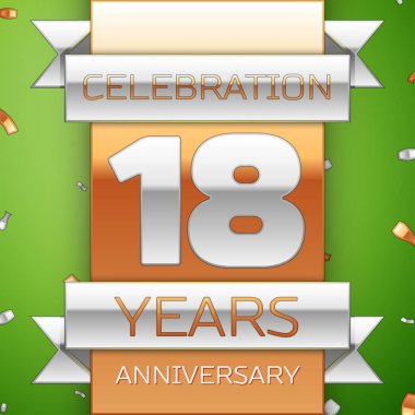 Gerçekçi on sekiz yıl yıldönümü kutlama tasarım. Gümüş ve altın şerit, yeşil zemin üzerine konfeti. Doğum günü partin için renkli vektör şablon öğeleri. Yıldönümü şerit