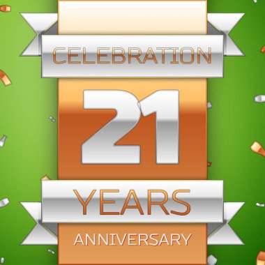 Gerçekçi yirmi bir yıl yıldönümü kutlama tasarım. Gümüş ve altın şerit, yeşil zemin üzerine konfeti. Doğum günü partin için renkli vektör şablon öğeleri. Yıldönümü şerit