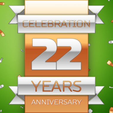 Gerçekçi yirmi iki yıl yıldönümü kutlama tasarım. Gümüş ve altın şerit, yeşil zemin üzerine konfeti. Doğum günü partin için renkli vektör şablon öğeleri. Yıldönümü şerit