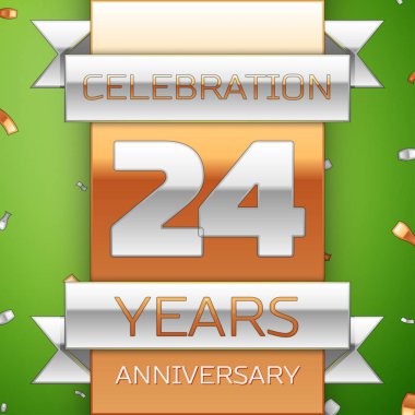 Gerçekçi yirmi dört yıl yıldönümü kutlama tasarım. Gümüş ve altın şerit, yeşil zemin üzerine konfeti. Doğum günü partin için renkli vektör şablon öğeleri. Yıldönümü şerit