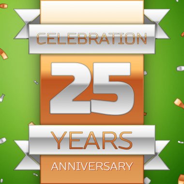 Gerçekçi yirmi beş yıl yıldönümü kutlama tasarım. Gümüş ve altın şerit, yeşil zemin üzerine konfeti. Doğum günü partin için renkli vektör şablon öğeleri. Yıldönümü şerit