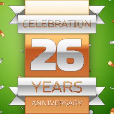 Gerçekçi yirmi altı yıl yıldönümü kutlama tasarım. Gümüş ve altın şerit, yeşil zemin üzerine konfeti. Doğum günü partin için renkli vektör şablon öğeleri. Yıldönümü şerit