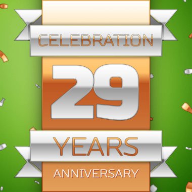 Gerçekçi yirmi dokuz yıl yıldönümü kutlama tasarım. Gümüş ve altın şerit, yeşil zemin üzerine konfeti. Doğum günü partin için renkli vektör şablon öğeleri. Yıldönümü şerit