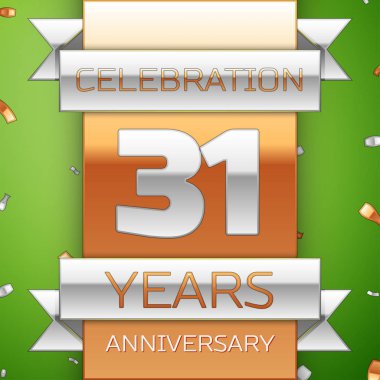 Gerçekçi otuz bir yıl yıldönümü kutlama tasarım. Gümüş ve altın şerit, yeşil zemin üzerine konfeti. Doğum günü partin için renkli vektör şablon öğeleri. Yıldönümü şerit