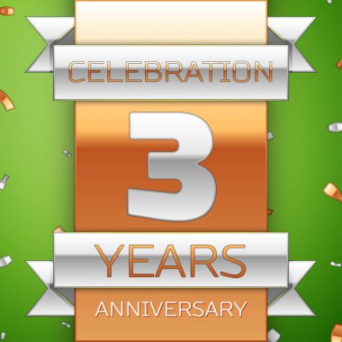 Gerçekçi üç yıl yıldönümü kutlama tasarım. Gümüş ve altın şerit, yeşil zemin üzerine konfeti. Doğum günü partin için renkli vektör şablon öğeleri. Yıldönümü şerit