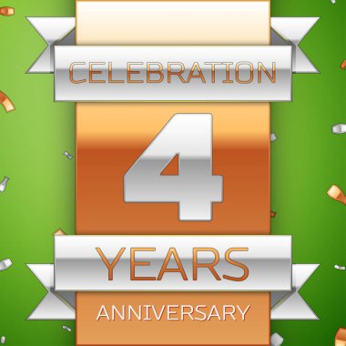 Gerçekçi dört yıl yıldönümü kutlama tasarım. Gümüş ve altın şerit, yeşil zemin üzerine konfeti. Doğum günü partin için renkli vektör şablon öğeleri. Yıldönümü şerit