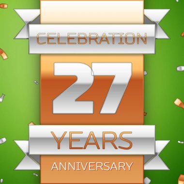 Gerçekçi yirmi yedi yıl yıldönümü kutlama tasarım. Gümüş ve altın şerit, yeşil zemin üzerine konfeti. Doğum günü partin için renkli vektör şablon öğeleri. Yıldönümü şerit
