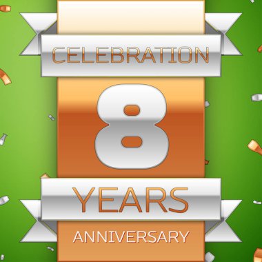 Gerçekçi sekiz yıl yıldönümü kutlama tasarım. Gümüş ve altın şerit, yeşil zemin üzerine konfeti. Doğum günü partin için renkli vektör şablon öğeleri. Yıldönümü şerit