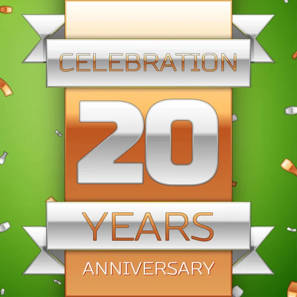 現実的な 20 年周年記念お祝いデザイン。シルバーとゴールデン リボン、緑色の背景上の紙吹雪。あなたの誕生日パーティーのためのカラフルなベクトル テンプレート要素。周年記念リボン — ストックベクタ