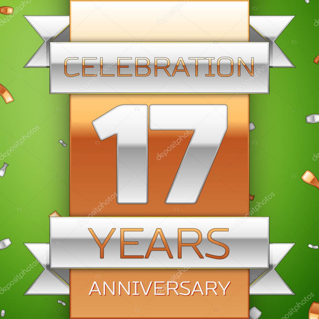 Realistic Seventeen Years Anniversary Celebration Design. Silver and golden ribbon, confetti on green background. Colorful Vector template elements for your birthday party. Anniversary ribbon