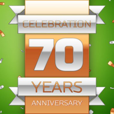Gerçekçi yetmiş yıl yıldönümü kutlama tasarım. Gümüş ve altın şerit, yeşil zemin üzerine konfeti. Doğum günü partin için renkli vektör şablon öğeleri. Yıldönümü şerit
