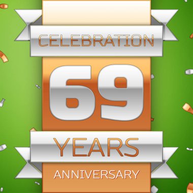 Gerçekçi Altmış dokuz yıl yıldönümü kutlama tasarım. Gümüş ve altın şerit, yeşil zemin üzerine konfeti. Doğum günü partin için renkli vektör şablon öğeleri. Yıldönümü şerit