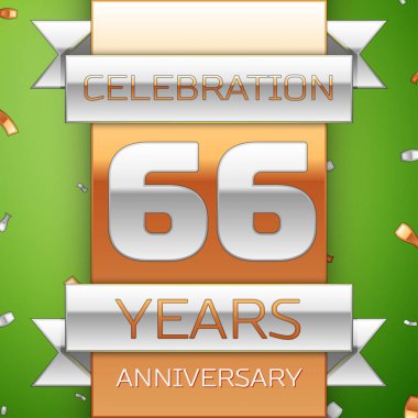 Gerçekçi altmış altı yıl yıldönümü kutlama tasarım. Gümüş ve altın şerit, yeşil zemin üzerine konfeti. Doğum günü partin için renkli vektör şablon öğeleri. Yıldönümü şerit