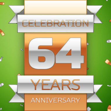 Gerçekçi altmış dört yıl yıldönümü kutlama tasarım. Gümüş ve altın şerit, yeşil zemin üzerine konfeti. Doğum günü partin için renkli vektör şablon öğeleri. Yıldönümü şerit
