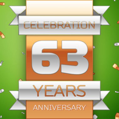 Gerçekçi altmış üç yıl yıldönümü kutlama tasarım. Gümüş ve altın şerit, yeşil zemin üzerine konfeti. Doğum günü partin için renkli vektör şablon öğeleri. Yıldönümü şerit
