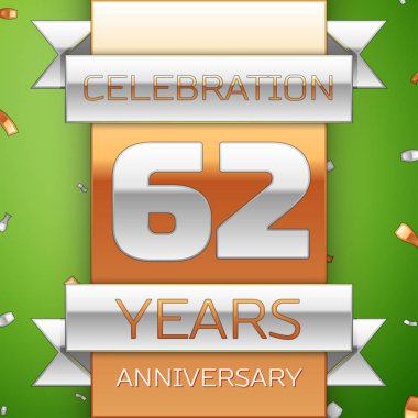 Gerçekçi altmış iki yıl yıldönümü kutlama tasarım. Gümüş ve altın şerit, yeşil zemin üzerine konfeti. Doğum günü partin için renkli vektör şablon öğeleri. Yıldönümü şerit