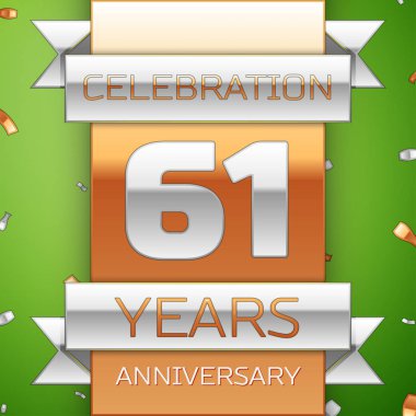 Gerçekçi altmış bir yıl yıldönümü kutlama tasarım. Gümüş ve altın şerit, yeşil zemin üzerine konfeti. Doğum günü partin için renkli vektör şablon öğeleri. Yıldönümü şerit