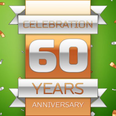 Gerçekçi altmış yıl yıldönümü kutlama tasarım. Gümüş ve altın şerit, yeşil zemin üzerine konfeti. Doğum günü partin için renkli vektör şablon öğeleri. Yıldönümü şerit