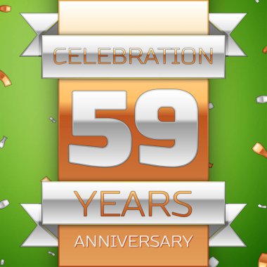 Gerçekçi elli dokuz yıl yıldönümü kutlama tasarım. Gümüş ve altın şerit, yeşil zemin üzerine konfeti. Doğum günü partin için renkli vektör şablon öğeleri. Yıldönümü şerit