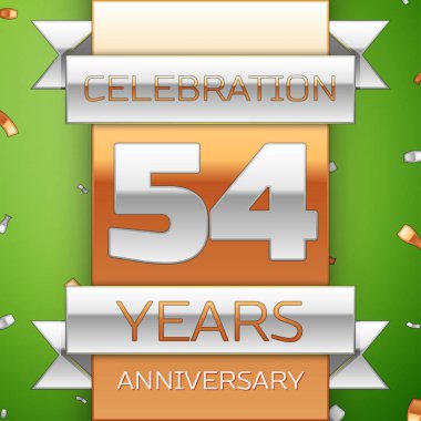 Gerçekçi elli dört yıl yıldönümü kutlama tasarım. Gümüş ve altın şerit, yeşil zemin üzerine konfeti. Doğum günü partin için renkli vektör şablon öğeleri. Yıldönümü şerit