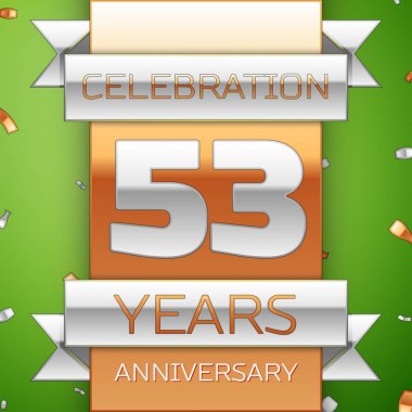Gerçekçi elli üç yıl yıldönümü kutlama tasarım. Gümüş ve altın şerit, yeşil zemin üzerine konfeti. Doğum günü partin için renkli vektör şablon öğeleri. Yıldönümü şerit