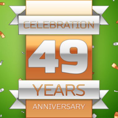 Gerçekçi kırk dokuz yıl yıldönümü kutlama tasarım. Gümüş ve altın şerit, yeşil zemin üzerine konfeti. Doğum günü partin için renkli vektör şablon öğeleri. Yıldönümü şerit
