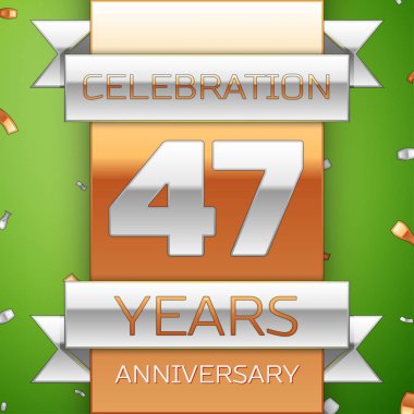 Gerçekçi kırk yedi yıl yıldönümü kutlama tasarım. Gümüş ve altın şerit, yeşil zemin üzerine konfeti. Doğum günü partin için renkli vektör şablon öğeleri. Yıldönümü şerit