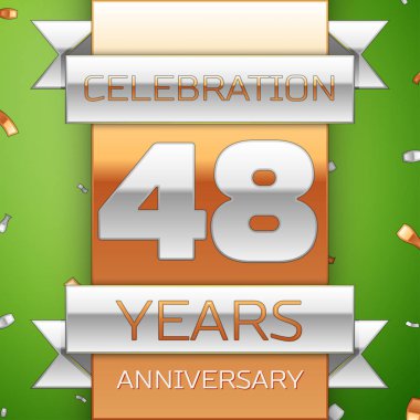 Gerçekçi kırk sekiz yıl yıldönümü kutlama tasarım. Gümüş ve altın şerit, yeşil zemin üzerine konfeti. Doğum günü partin için renkli vektör şablon öğeleri. Yıldönümü şerit