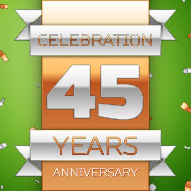 Gerçekçi kırk beş yıl yıldönümü kutlama tasarım. Gümüş ve altın şerit, yeşil zemin üzerine konfeti. Doğum günü partin için renkli vektör şablon öğeleri. Yıldönümü şerit