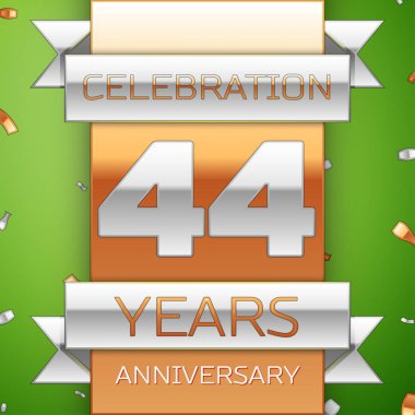 Gerçekçi kırk dört yıl yıldönümü kutlama tasarım. Gümüş ve altın şerit, yeşil zemin üzerine konfeti. Doğum günü partin için renkli vektör şablon öğeleri. Yıldönümü şerit