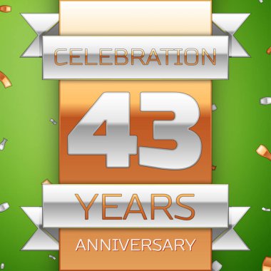 Gerçekçi kırk üç yıl yıldönümü kutlama tasarım. Gümüş ve altın şerit, yeşil zemin üzerine konfeti. Doğum günü partin için renkli vektör şablon öğeleri. Yıldönümü şerit