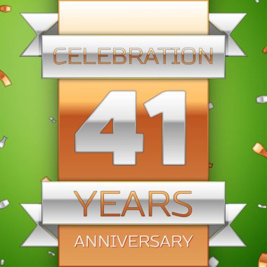 Gerçekçi kırk bir yıl yıldönümü kutlama tasarım. Gümüş ve altın şerit, yeşil zemin üzerine konfeti. Doğum günü partin için renkli vektör şablon öğeleri. Yıldönümü şerit