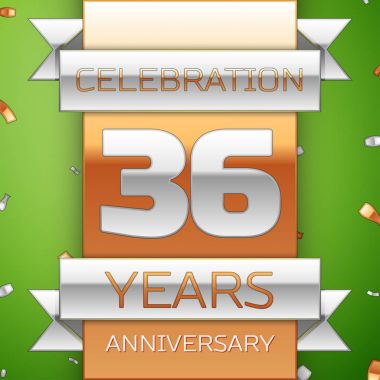 Gerçekçi otuz altı yıl yıldönümü kutlama tasarım. Gümüş ve altın şerit, yeşil zemin üzerine konfeti. Doğum günü partin için renkli vektör şablon öğeleri. Yıldönümü şerit