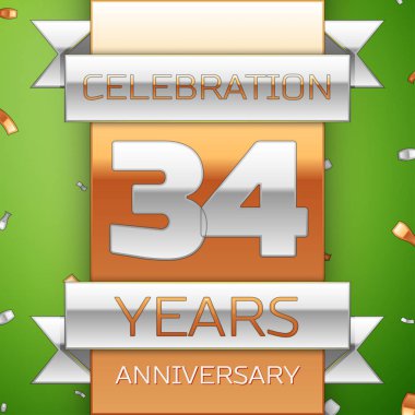 Gerçekçi otuz dört yıl yıldönümü kutlama tasarım. Gümüş ve altın şerit, yeşil zemin üzerine konfeti. Doğum günü partin için renkli vektör şablon öğeleri. Yıldönümü şerit