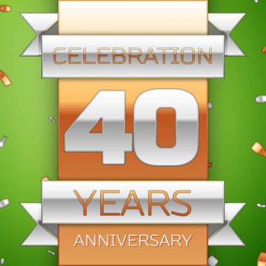 Gerçekçi kırk yıl yıldönümü kutlama tasarım. Gümüş ve altın şerit, yeşil zemin üzerine konfeti. Doğum günü partin için renkli vektör şablon öğeleri. Yıldönümü şerit