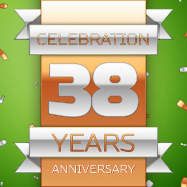 Gerçekçi otuz sekiz yıl yıldönümü kutlama tasarım. Gümüş ve altın şerit, yeşil zemin üzerine konfeti. Doğum günü partin için renkli vektör şablon öğeleri. Yıldönümü şerit