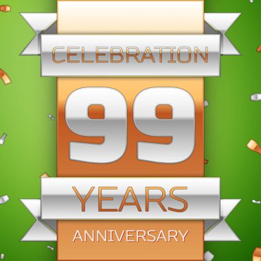 Gerçekçi doksan dokuz yıl yıldönümü kutlama tasarım. Gümüş ve altın şerit, yeşil zemin üzerine konfeti. Doğum günü partin için renkli vektör şablon öğeleri. Yıldönümü şerit