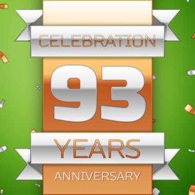 Gerçekçi doksan üç yıl yıldönümü kutlama tasarım. Gümüş ve altın şerit, yeşil zemin üzerine konfeti. Doğum günü partin için renkli vektör şablon öğeleri. Yıldönümü şerit