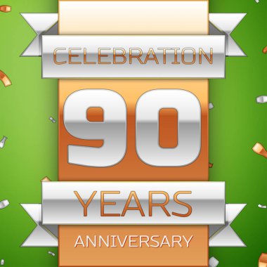 Gerçekçi doksan yıl yıldönümü kutlama tasarım. Gümüş ve altın şerit, yeşil zemin üzerine konfeti. Doğum günü partin için renkli vektör şablon öğeleri. Yıldönümü şerit