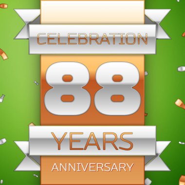Gerçekçi seksen sekiz yıl yıldönümü kutlama tasarım. Gümüş ve altın şerit, yeşil zemin üzerine konfeti. Doğum günü partin için renkli vektör şablon öğeleri. Yıldönümü şerit