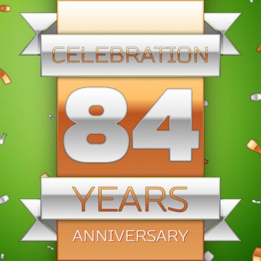 Gerçekçi seksen dört yıl yıldönümü kutlama tasarım. Gümüş ve altın şerit, yeşil zemin üzerine konfeti. Doğum günü partin için renkli vektör şablon öğeleri. Yıldönümü şerit