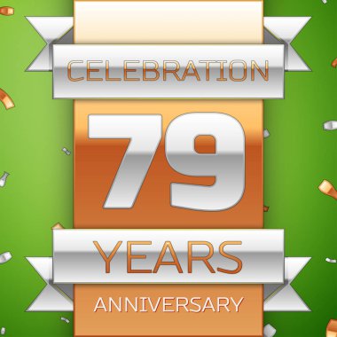 Gerçekçi yetmiş dokuz yıl yıldönümü kutlama tasarım. Gümüş ve altın şerit, yeşil zemin üzerine konfeti. Doğum günü partin için renkli vektör şablon öğeleri. Yıldönümü şerit