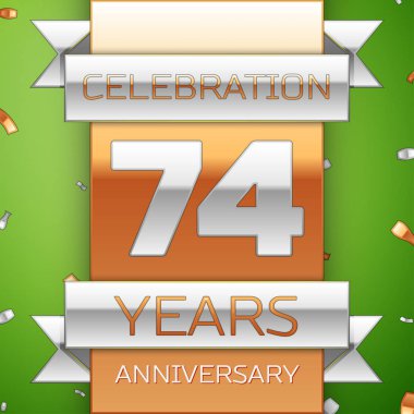 Gerçekçi Yetmiş dört yıl yıldönümü kutlama tasarım. Gümüş ve altın şerit, yeşil zemin üzerine konfeti. Doğum günü partin için renkli vektör şablon öğeleri. Yıldönümü şerit