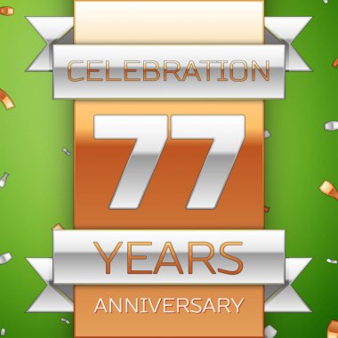 Gerçekçi yetmiş yedi yıl yıldönümü kutlama tasarım. Gümüş ve altın şerit, yeşil zemin üzerine konfeti. Doğum günü partin için renkli vektör şablon öğeleri. Yıldönümü şerit